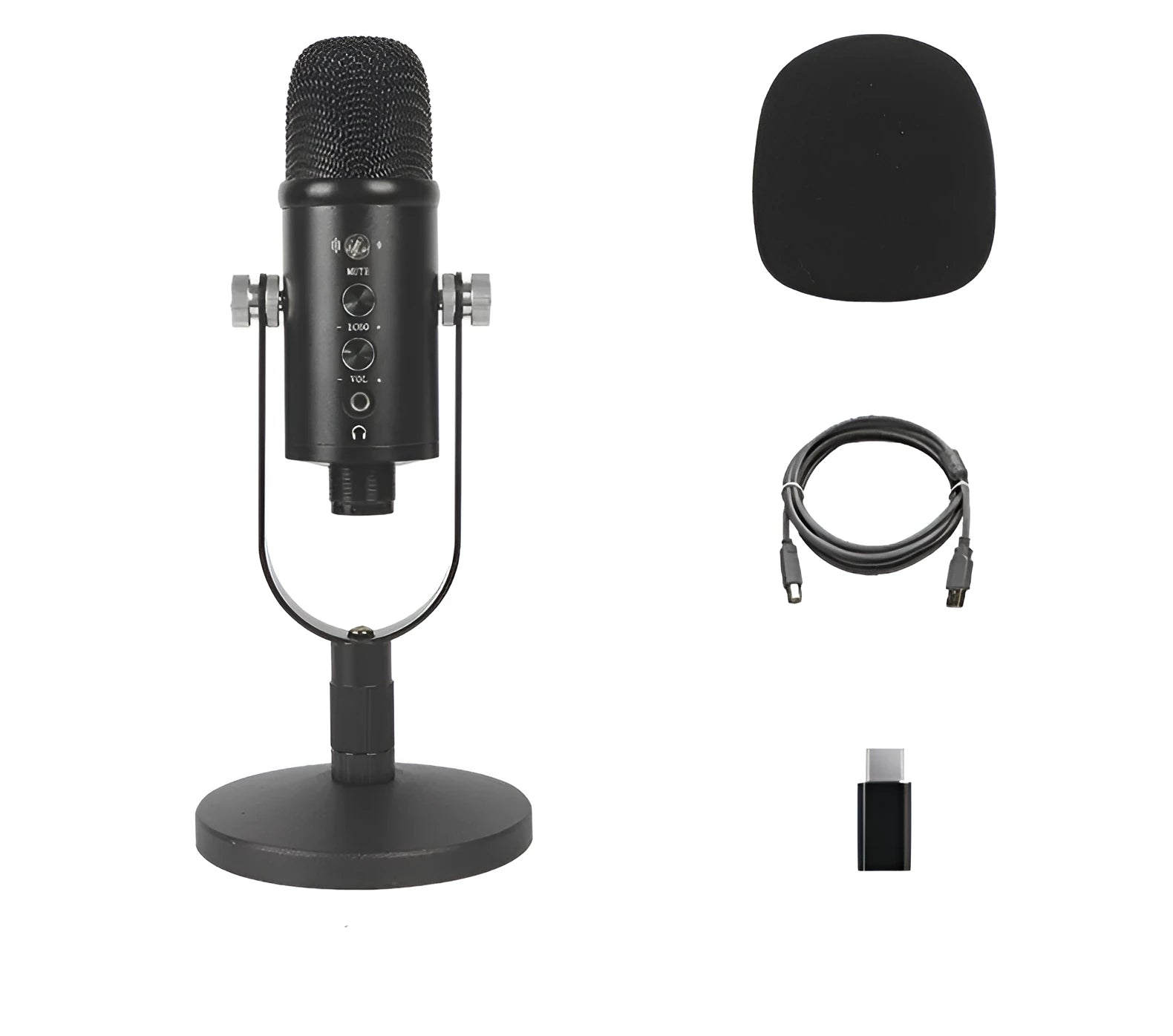 Black JIY BM-86PRO USB condenser microphone on a metal stand with a sponge cover attached.