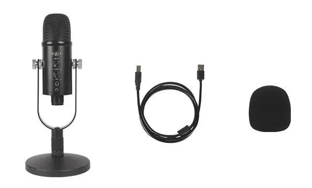 Black JIY BM-86PRO USB condenser microphone on a metal stand with a sponge cover attached.