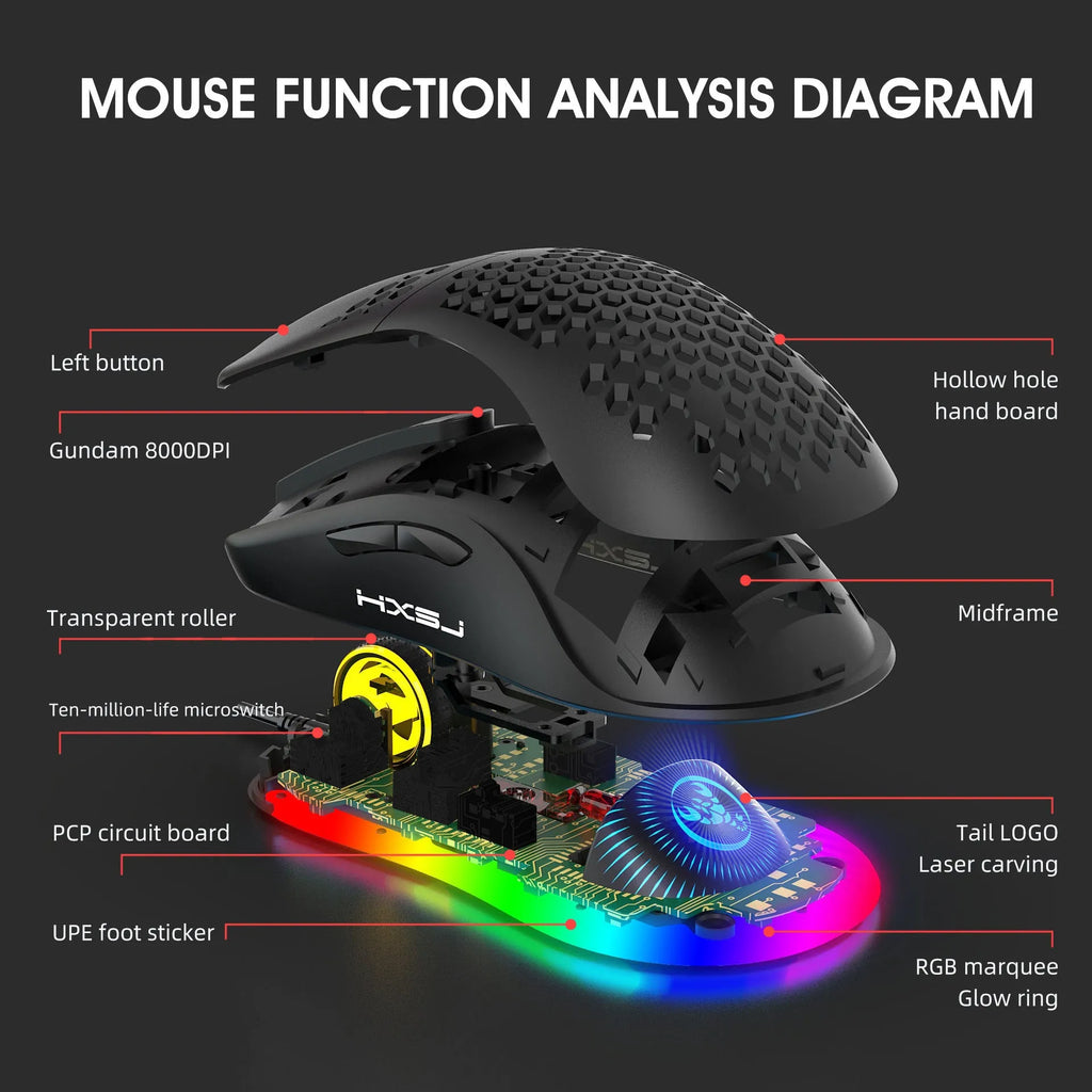 Black lightweight wired gaming mouse with heat dissipation holes and RGB glow lighting