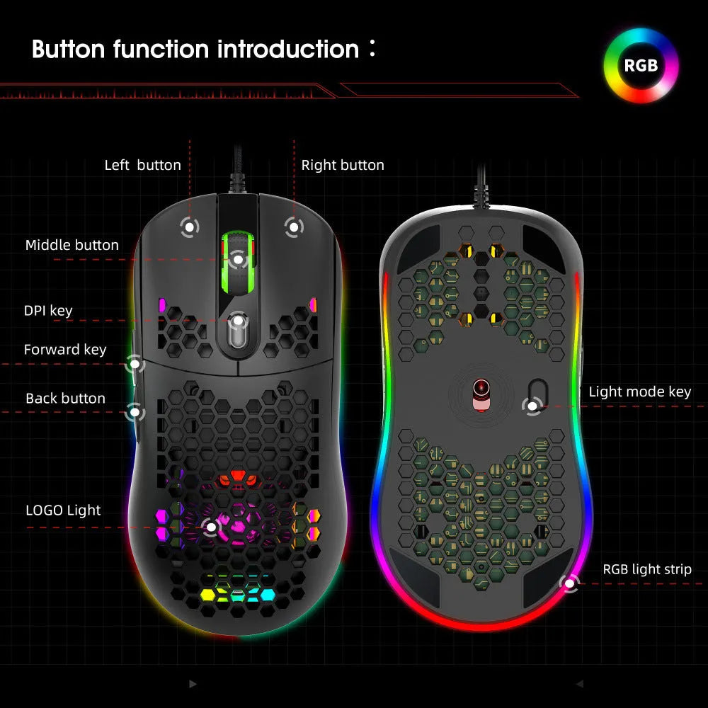 Black lightweight wired gaming mouse with heat dissipation holes and RGB glow lighting