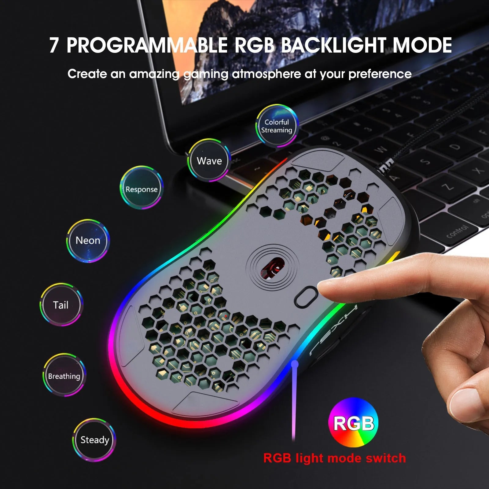 Black lightweight wired gaming mouse with heat dissipation holes and RGB glow lighting