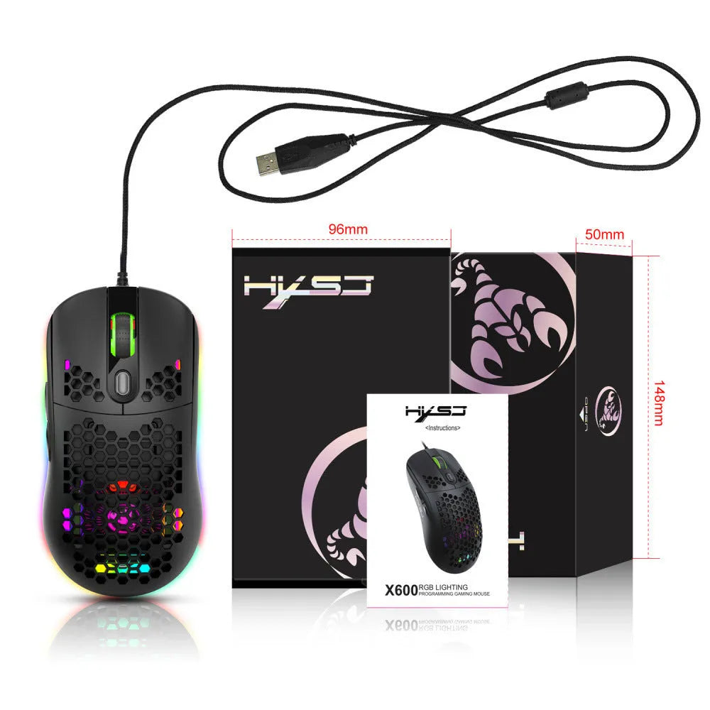 Black lightweight wired gaming mouse with heat dissipation holes and RGB glow lighting