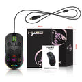 Black lightweight wired gaming mouse with heat dissipation holes and RGB glow lighting