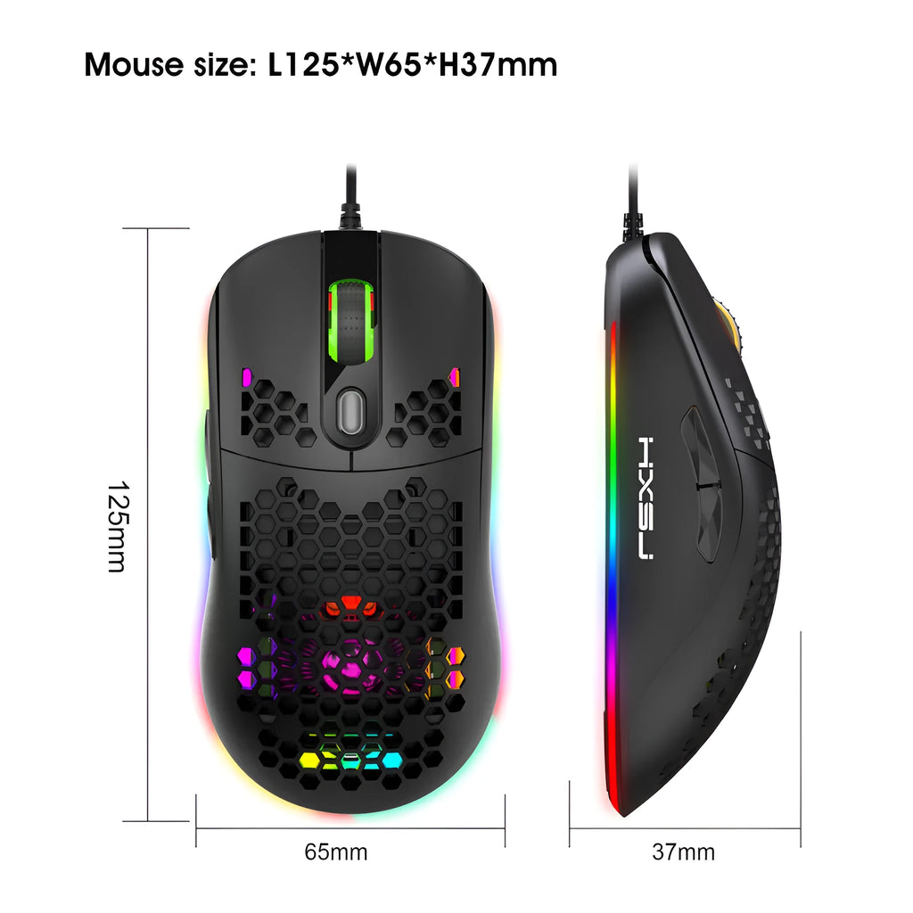 Black lightweight wired gaming mouse with heat dissipation holes and RGB glow lighting