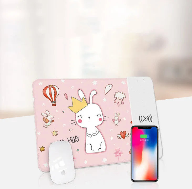 Colourful cartoon wireless charging mouse pad with RGB lighting showing 298mm length
