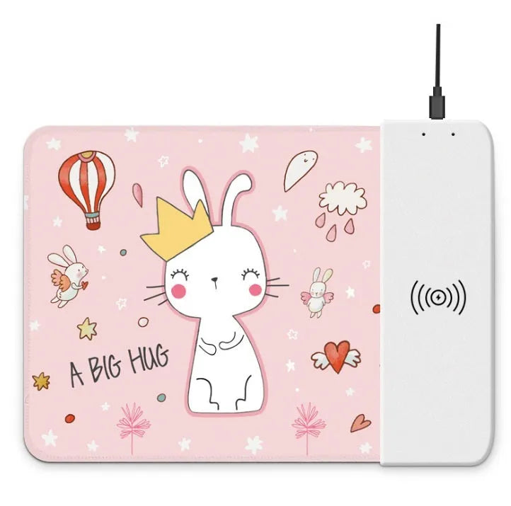 Colourful cartoon wireless charging mouse pad with RGB lighting showing 298mm length