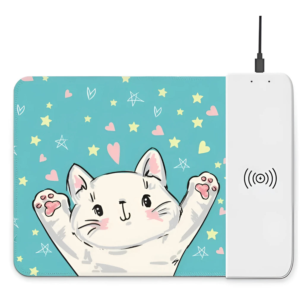 Colourful cartoon wireless charging mouse pad with RGB lighting showing 298mm length