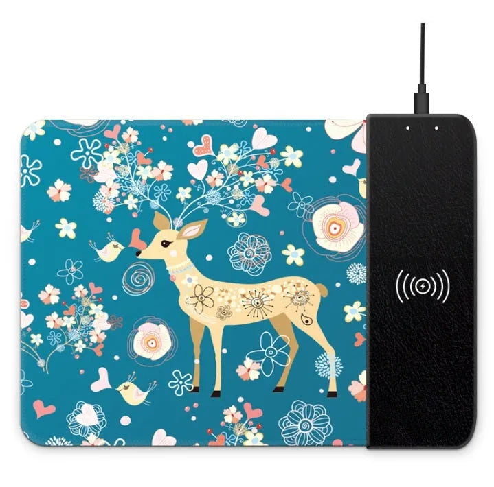 Colourful cartoon wireless charging mouse pad with RGB lighting showing 298mm length