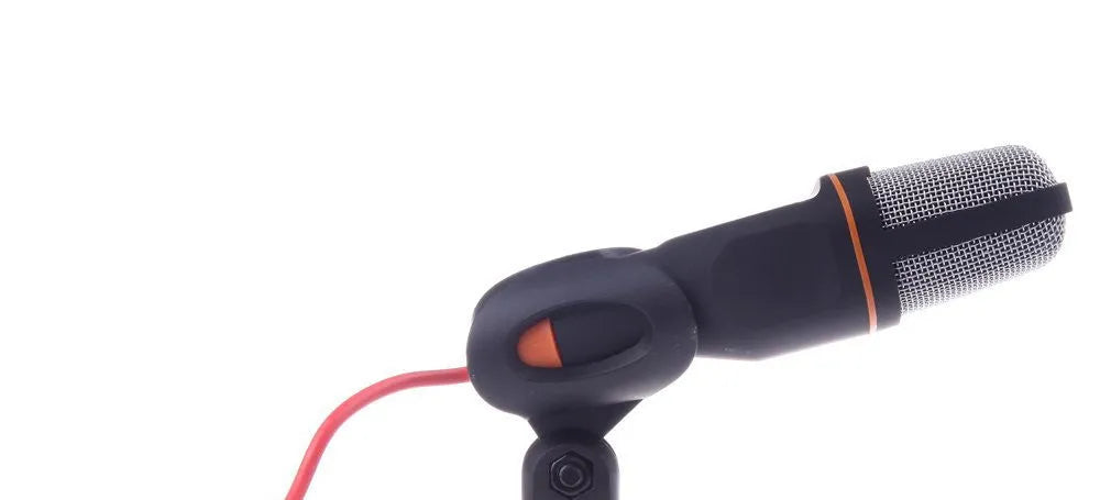 Black wired mini microphone with clip holder and separate desk stand on a white background.