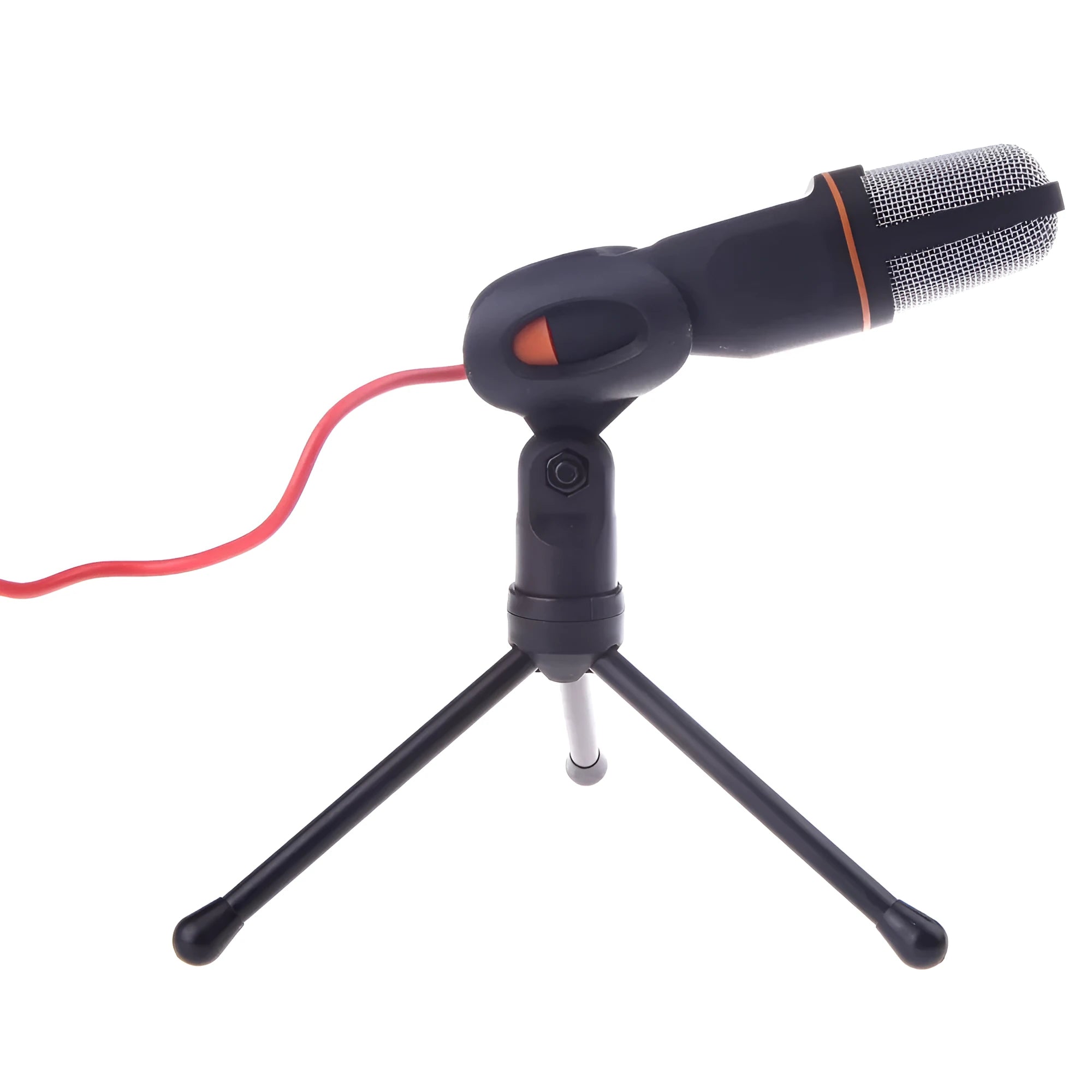 Black wired mini microphone with clip holder and separate desk stand on a white background.