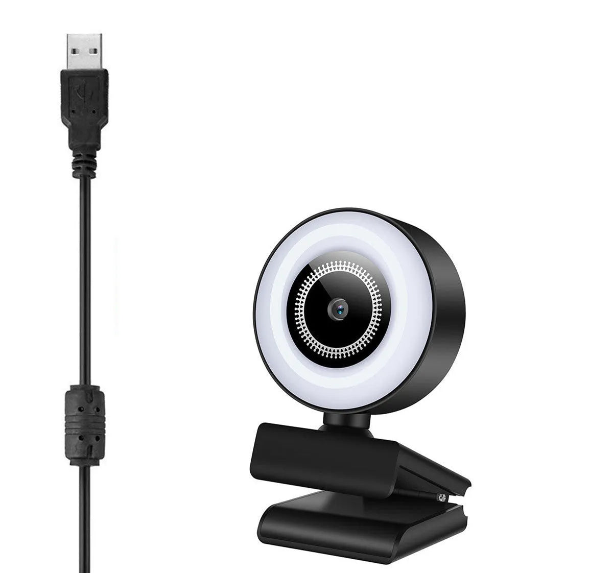 USB web camera with built-in LED ring light and wide-angle lens on a 1.5m cable