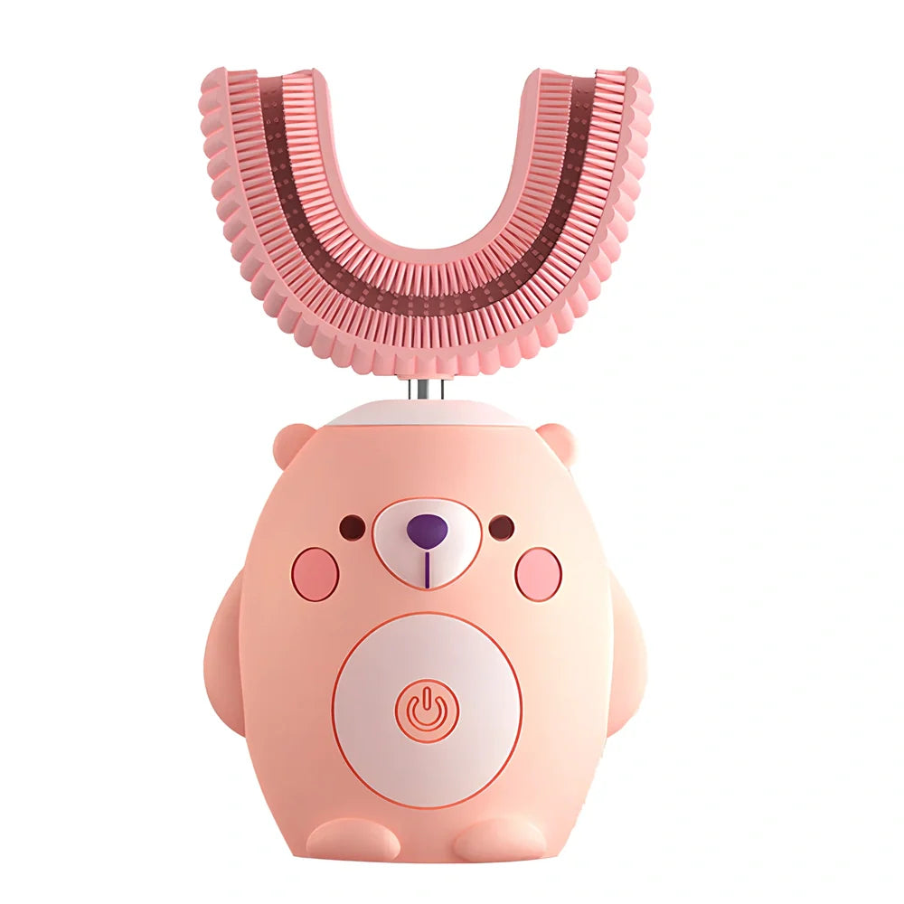 Pink cat patterned kids electric toothbrush with ultrasonic swing head, USB charging base, sized for ages 2-6