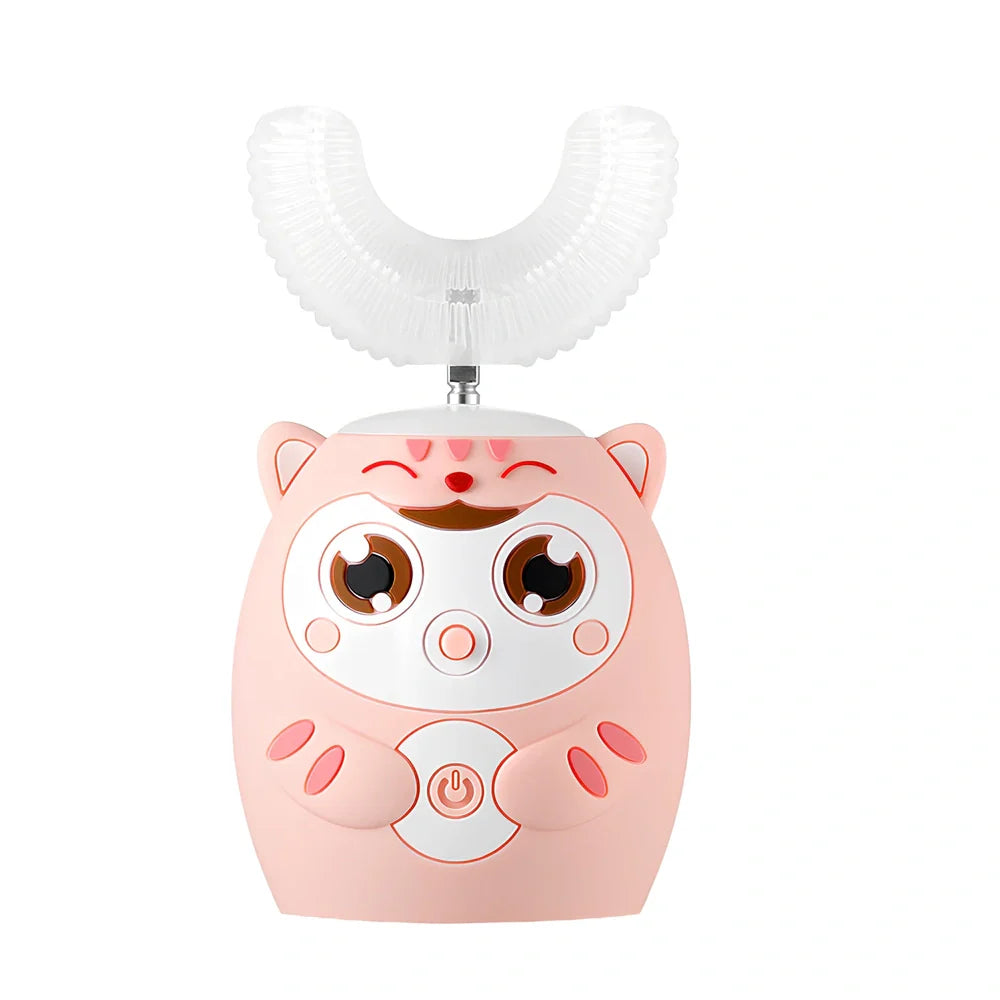 Pink cat patterned kids electric toothbrush with ultrasonic swing head, USB charging base, sized for ages 2-6