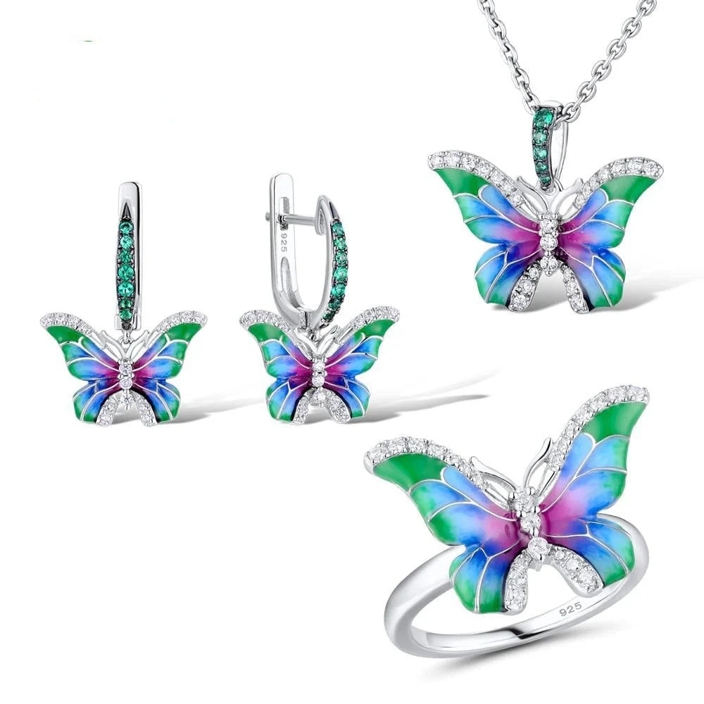 Colorful epoxy butterfly ring enamel paint set with copper base and silver pendant