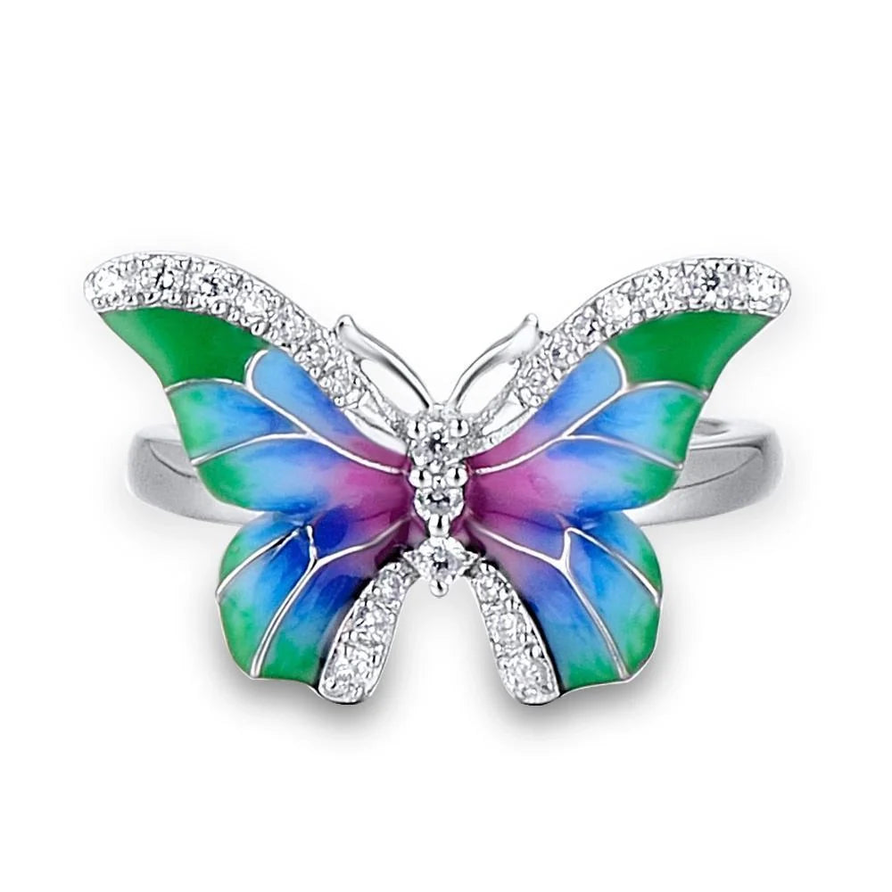 Colorful epoxy butterfly ring enamel paint set with copper base and silver pendant