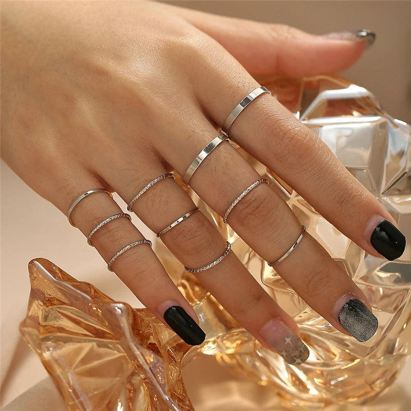Bohemian Acrylic Silver Ring 10-piece Knuckle Ring Set with geometric design