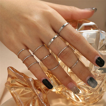 Bohemian Acrylic Silver Ring 10-piece Knuckle Ring Set with geometric design