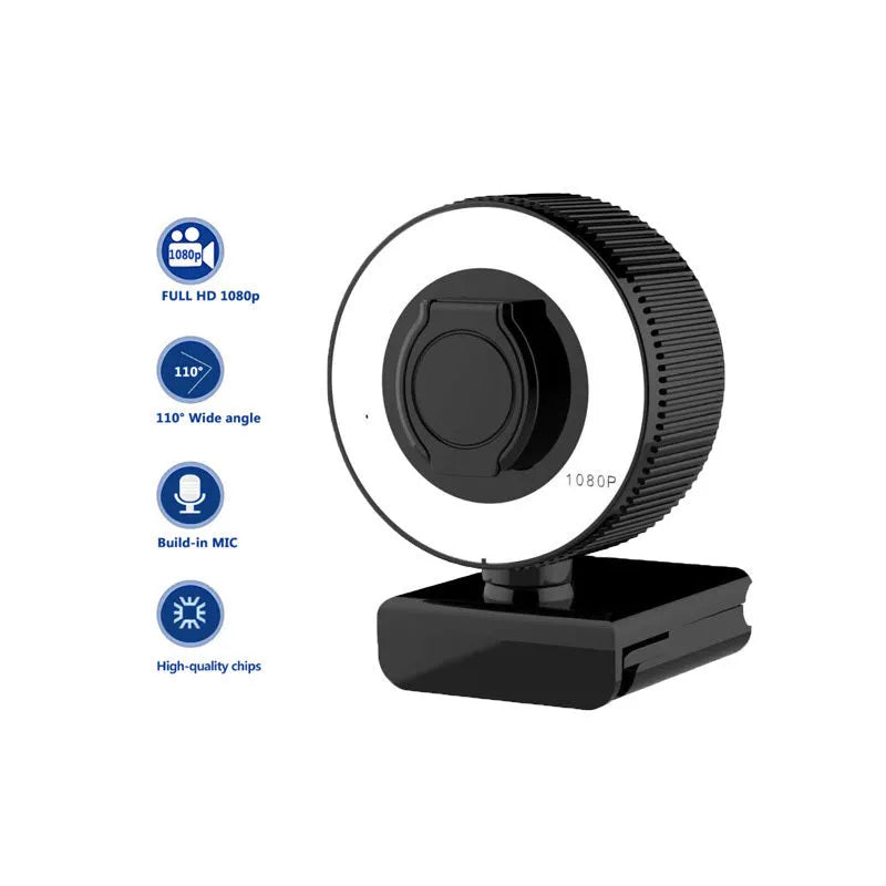 USB webcam 1080p 2K HD camera with built-in microphone and privacy cover on a desktop setup