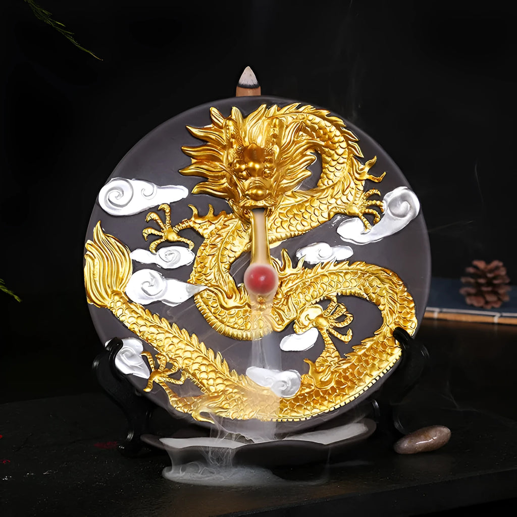 Ceramic backflow incense burner Yellow Golden Dragon Plate with downward smoke effect for aromatherapy