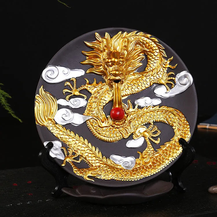 Ceramic backflow incense burner Yellow Golden Dragon Plate with downward smoke effect for aromatherapy
