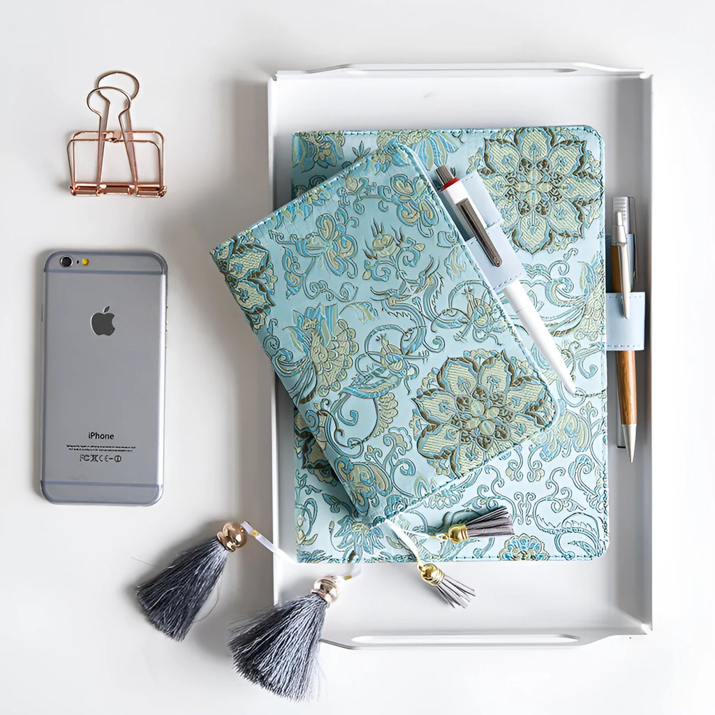 Flying Blue Flower fabric notebook in A5 and A6 sizes with blue floral print cover.