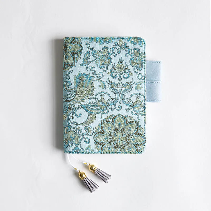 Flying Blue Flower fabric notebook in A5 and A6 sizes with blue floral print cover.