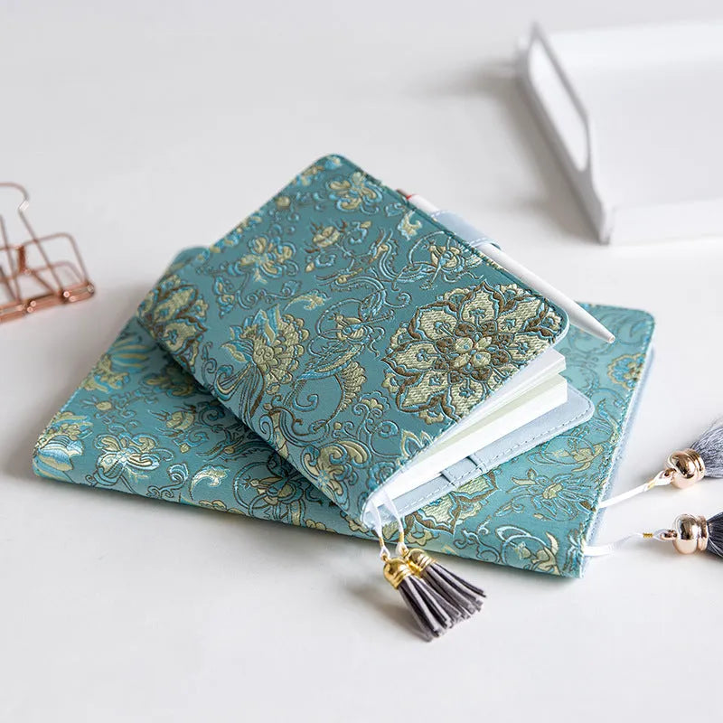 Flying Blue Flower fabric notebook in A5 and A6 sizes with blue floral print cover.
