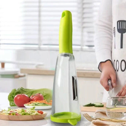 Stainless steel peeler with built-in rubbish bin for clean kitchen prep