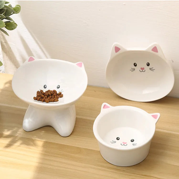 Ceramic small cat face shape pet food bowl in black, porcelain material, with non-slip base