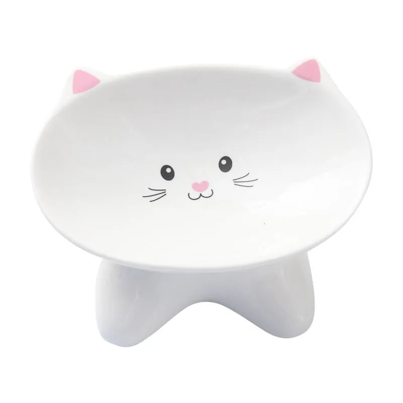 Ceramic small cat face shape pet food bowl in black, porcelain material, with non-slip base