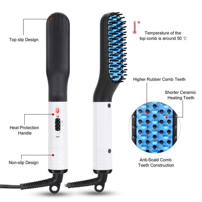 Versatile hair straightener brush with MCH heating technology, ceramic teeth, and two temperature settings for the modern Kiwi man