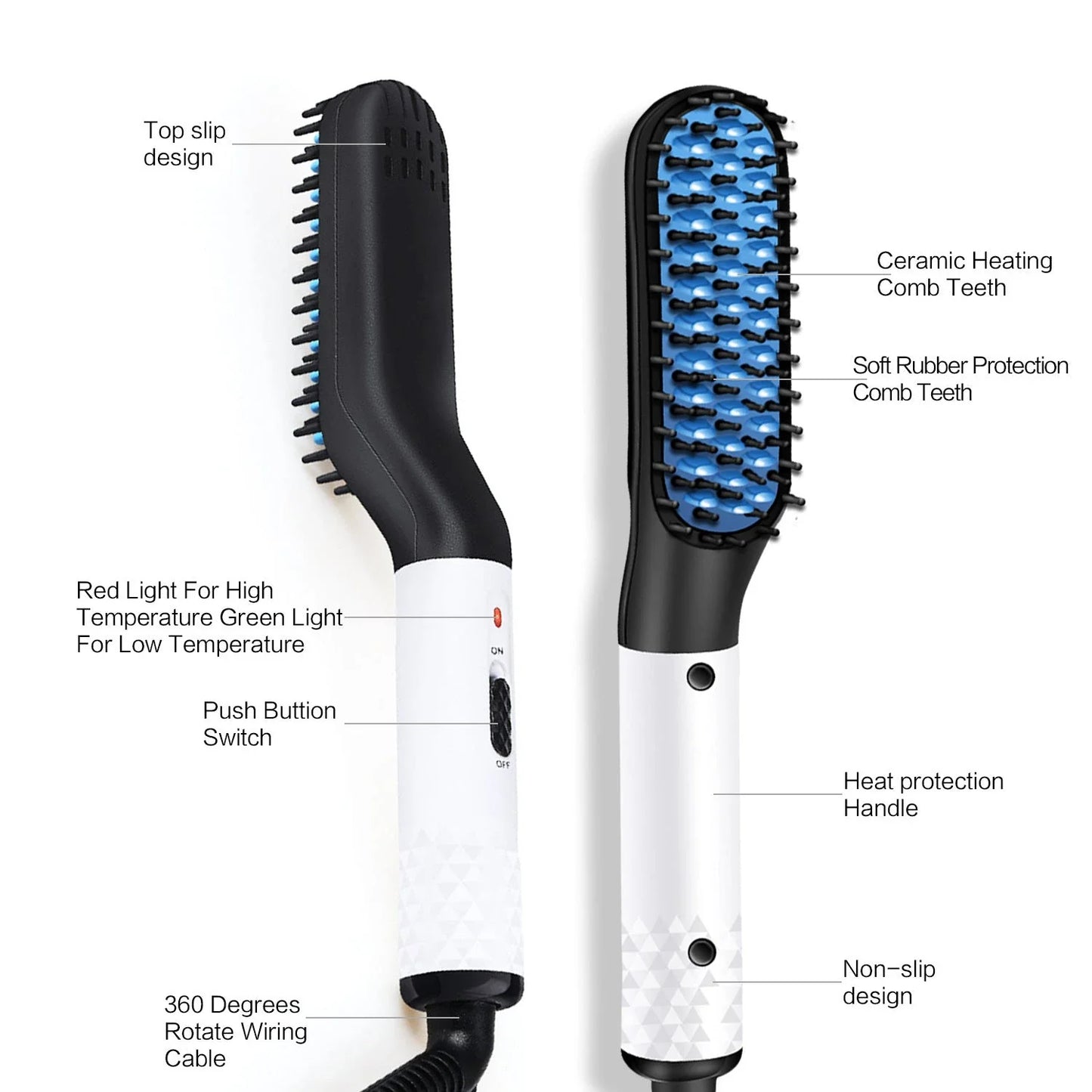 Versatile hair straightener brush with MCH heating technology, ceramic teeth, and two temperature settings for the modern Kiwi man