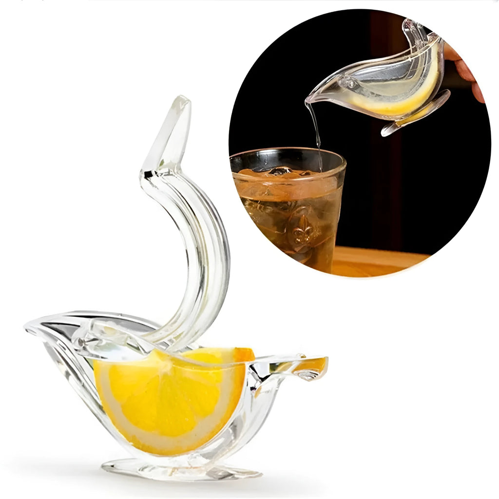 Transparent acrylic manual lemon juicer in the shape of a bird on a kitchen counter.