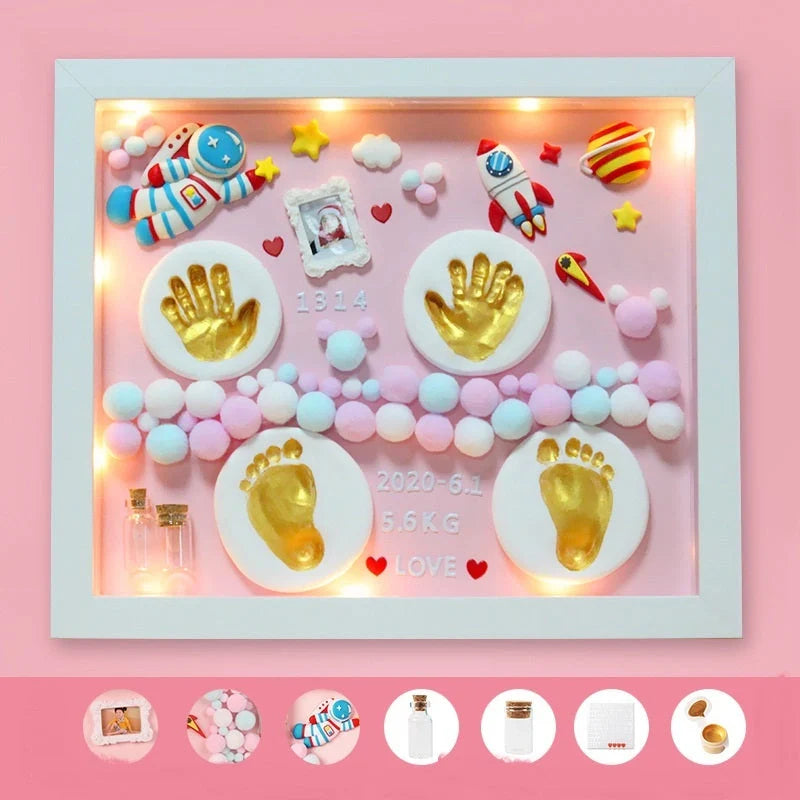 DIY Baby Hand and Foot Print Clay Souvenir Frame with Metal Accents