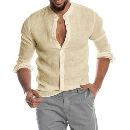 Versatile linen-blend dress shirt for men in a range of classic colors, including white, black, navy, and khaki