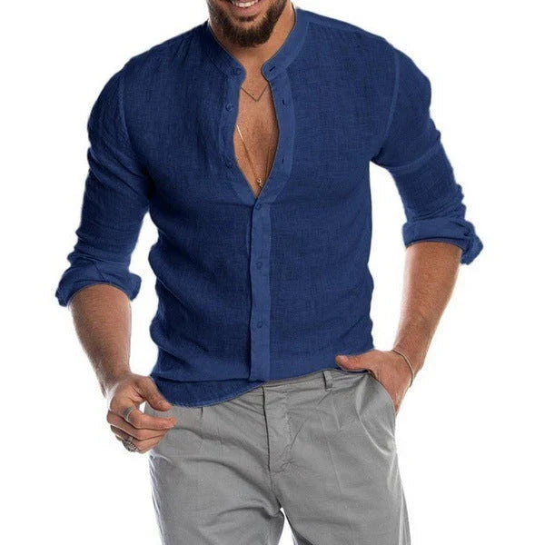 Versatile linen-blend dress shirt for men in a range of classic colors, including white, black, navy, and khaki