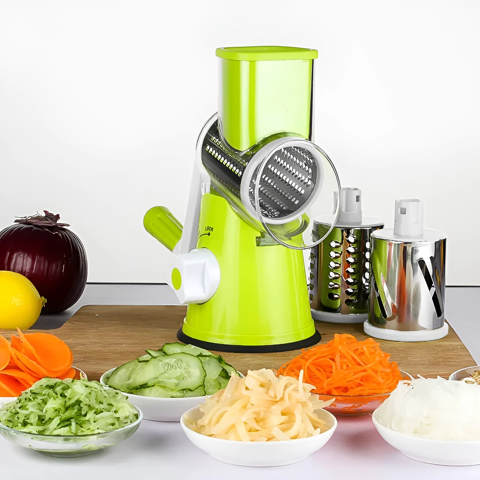 Multi-function vegetable chopper kitchen gadget with suction cup base in four colour options