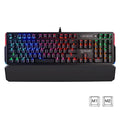 Optical axis mechanical keyboard with green switches, 104 keys, seven-colour backlight, metal body, and wrist rest on a desk