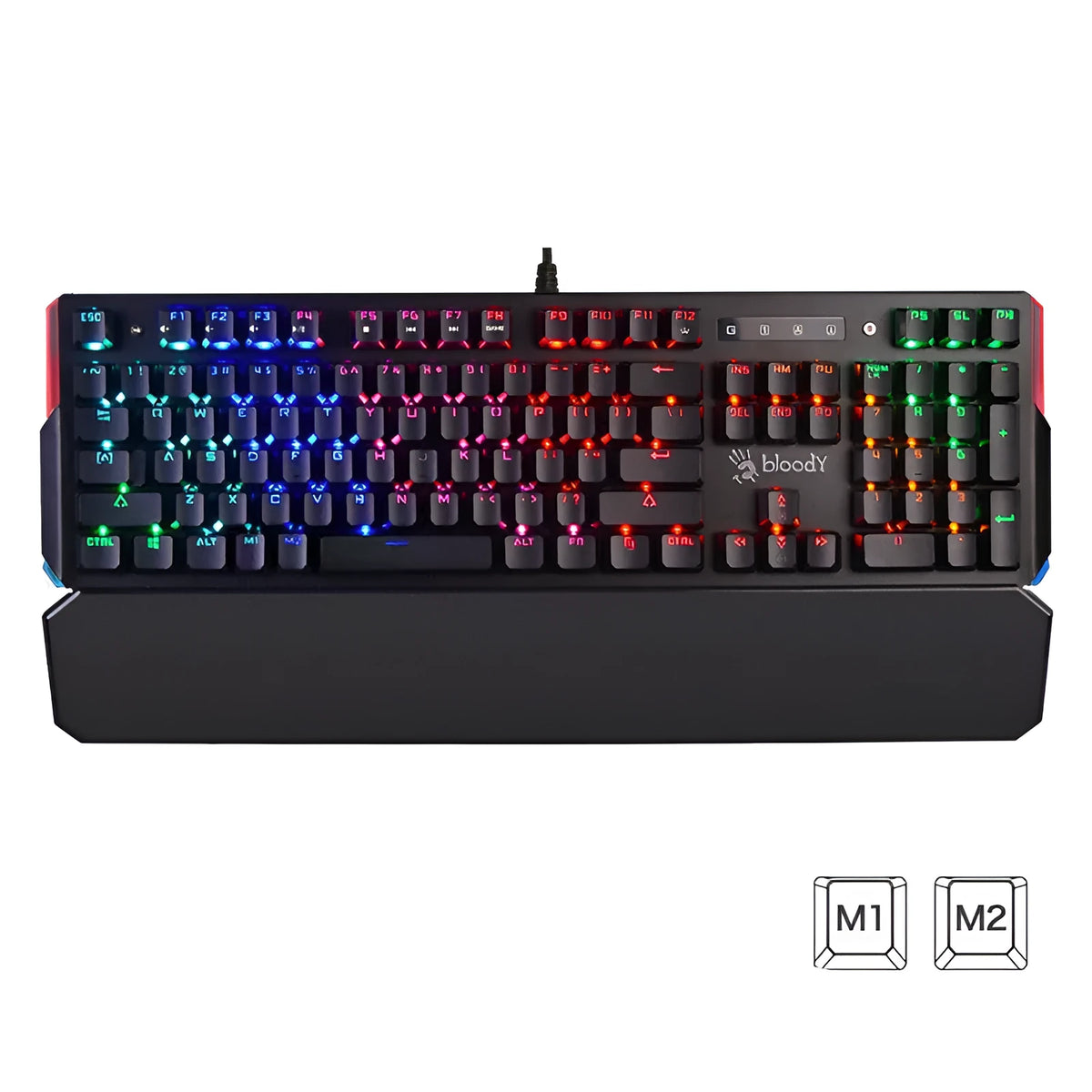 Optical axis mechanical keyboard with green switches, 104 keys, seven-colour backlight, metal body, and wrist rest on a desk