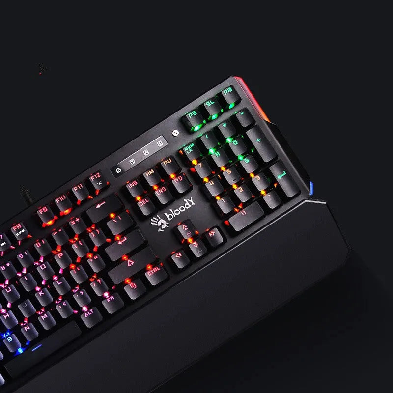 Optical axis mechanical keyboard with green switches, 104 keys, seven-colour backlight, metal body, and wrist rest on a desk