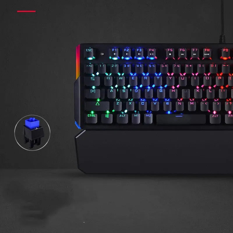 Optical axis mechanical keyboard with green switches, 104 keys, seven-colour backlight, metal body, and wrist rest on a desk