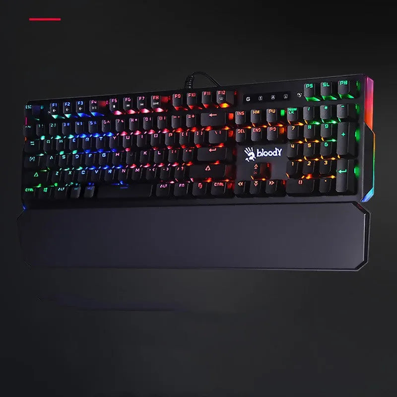 Optical axis mechanical keyboard with green switches, 104 keys, seven-colour backlight, metal body, and wrist rest on a desk