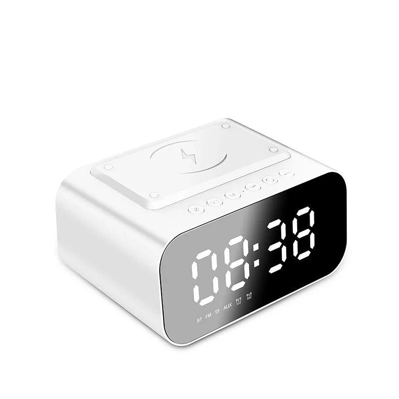 Wireless Charging Bluetooth Speaker Alarm Clock with LED Display, Compact Design, and Versatile Features