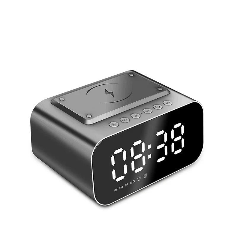 Wireless Charging Bluetooth Speaker Alarm Clock with LED Display, Compact Design, and Versatile Features