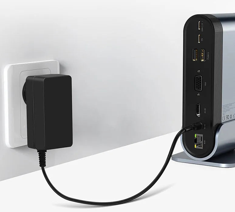 Deep space grey 16-in-1 USB-C docking station with multiple ports and an external power supply.