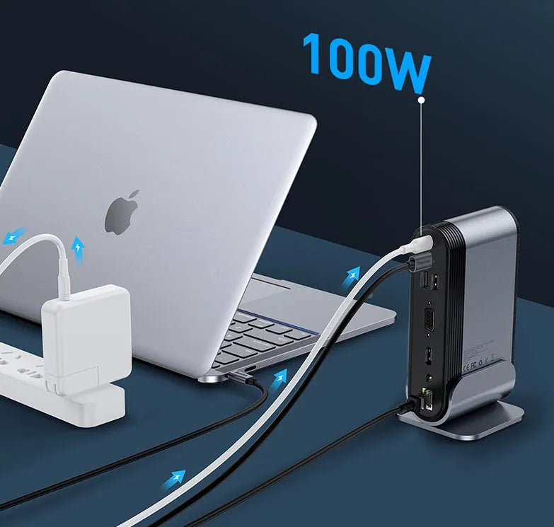 Deep space grey 16-in-1 USB-C docking station with multiple ports and an external power supply.