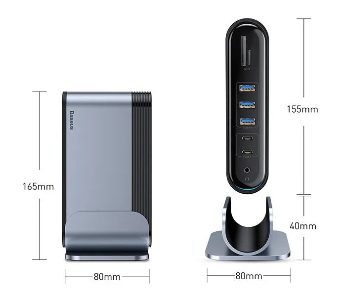 Deep space grey 16-in-1 USB-C docking station with multiple ports and an external power supply.