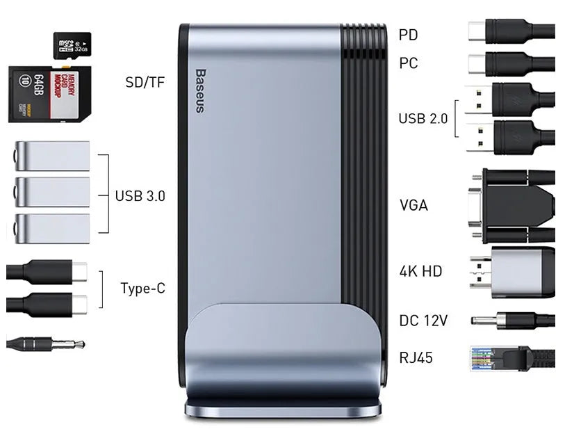 Deep space grey 16-in-1 USB-C docking station with multiple ports and an external power supply.