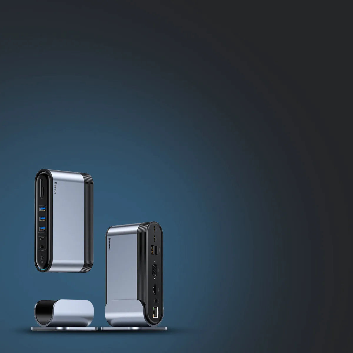 Deep space grey 16-in-1 USB-C docking station with multiple ports and an external power supply.