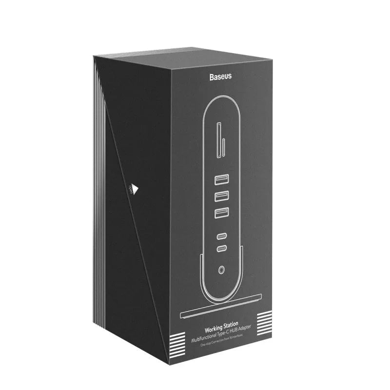 Deep space grey 16-in-1 USB-C docking station with multiple ports and an external power supply.
